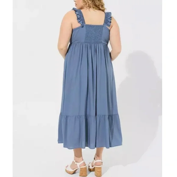 NWT Torrid Blue Maxi Challis Ruffle Strap Tiered Dress w/Pockets Size 1X - Picture 3 of 12